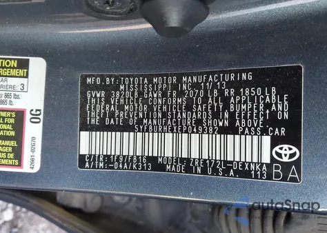 2014 Toyota Corolla Le z USA, uszkodzony, nr VIN 5YFBURHEXEP049382